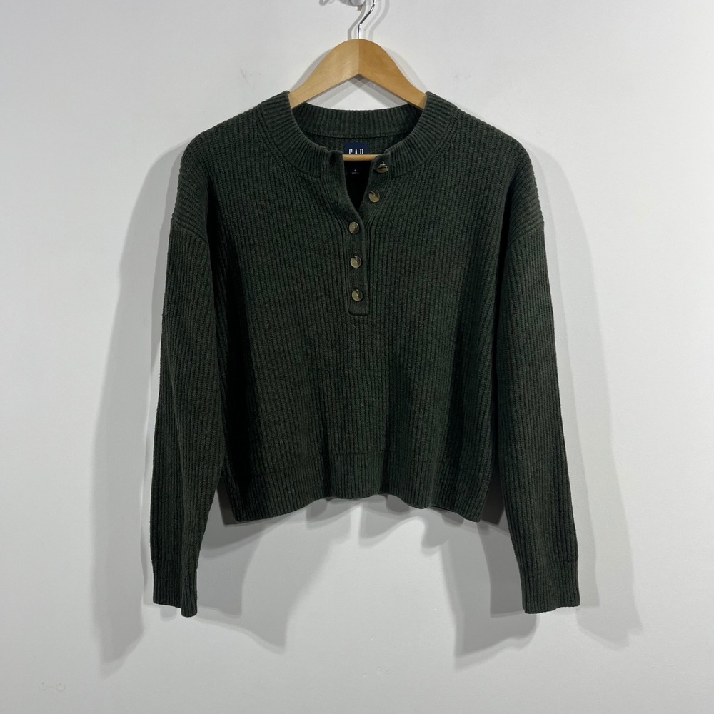 Gap  Ribbed Knit Henley Sweater Forest Green Womens Small‎ Old Money